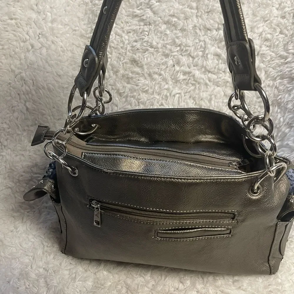 Stylish Blue &Silver Rhinestones cross embroidery & sequins metallic gray Bag